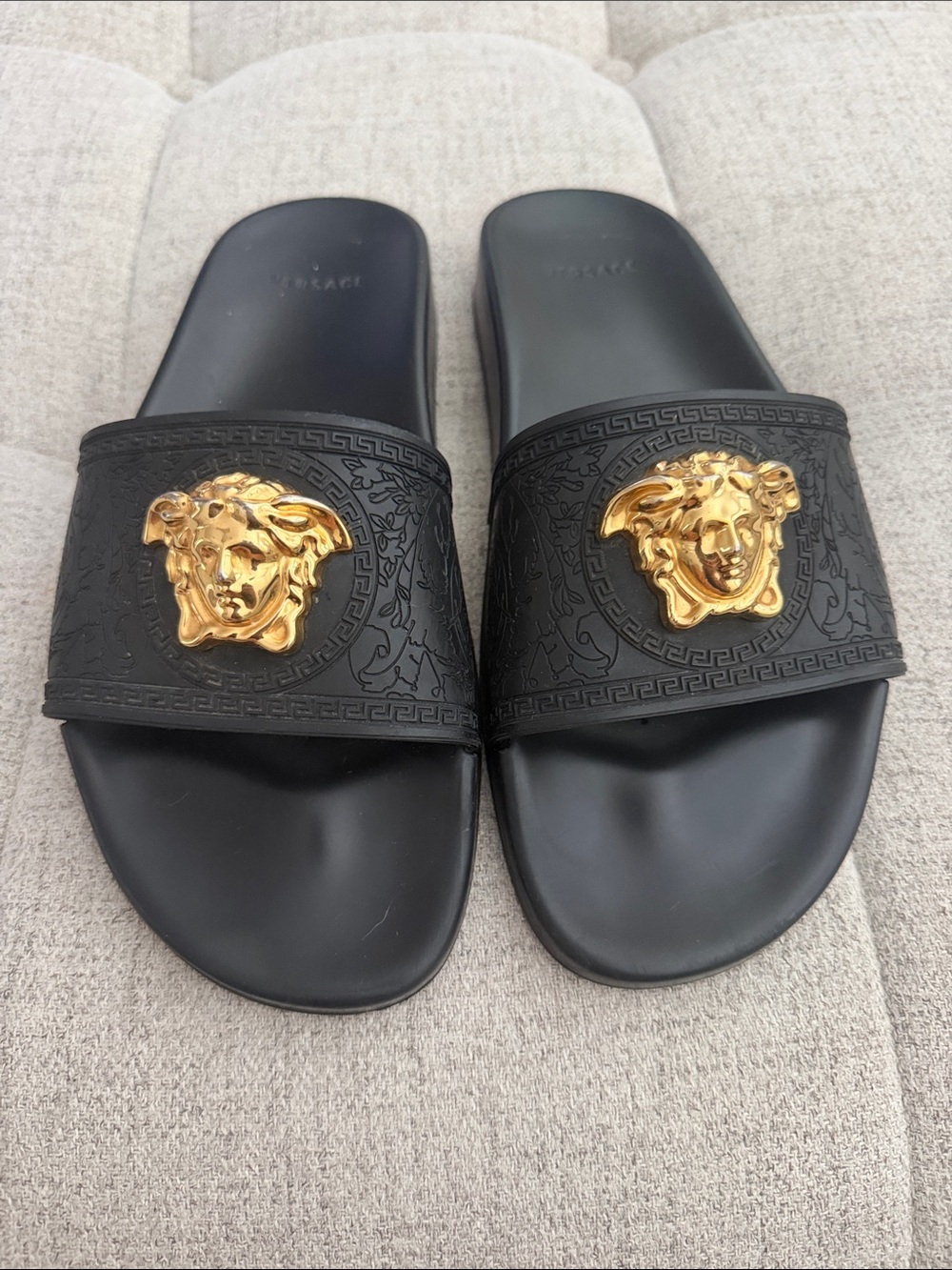 Versace Black Slide Sandals with Gold Medusa Accent